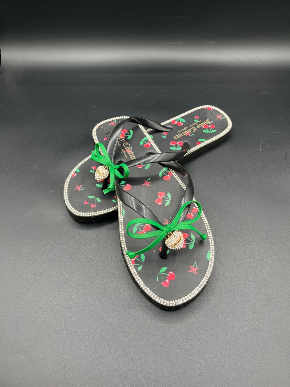 Juicy Couture Black Cherry Print Flip Flops with Green Bows